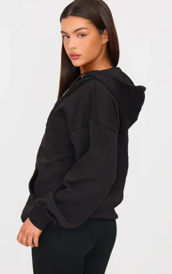 Black Oversized Zip Up Plain Front Hoodie