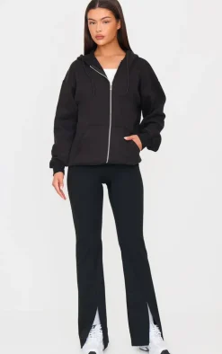 Black Oversized Zip Up Plain Front Hoodie