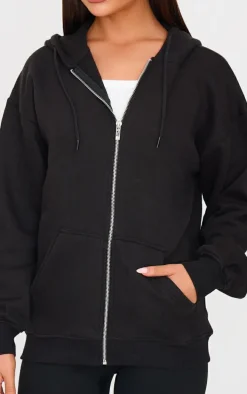 Black Oversized Zip Up Plain Front Hoodie