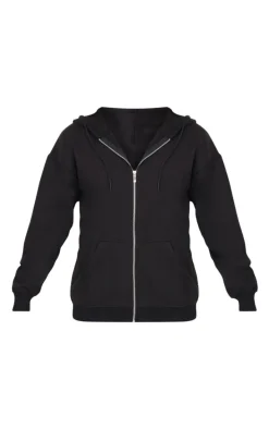Black Oversized Zip Up Plain Front Hoodie