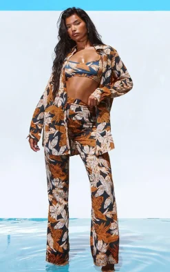 Black Palm Leaf Print Beach Flares