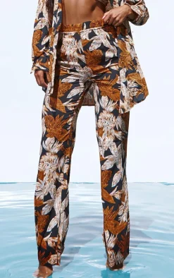 Black Palm Leaf Print Beach Flares