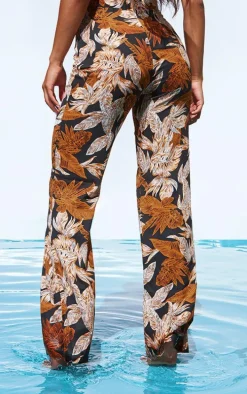 Black Palm Leaf Print Beach Flares
