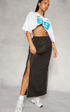 Black Parachute Piping Detail Track Maxi Skirt