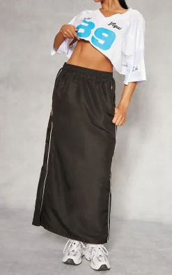 Black Parachute Piping Detail Track Maxi Skirt