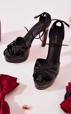 Black Patent Cut Out Strap Double Platform High Heeled Sandals