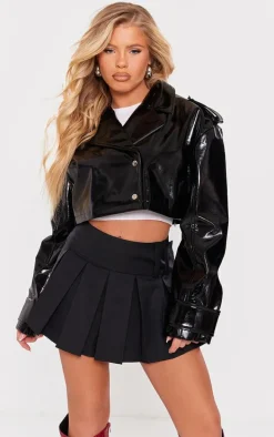 Black Patent Faux Leather Cropped Trench