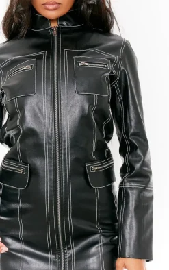 Black Patent Pu Contrast Stitch Zip Up Bodycon Dress