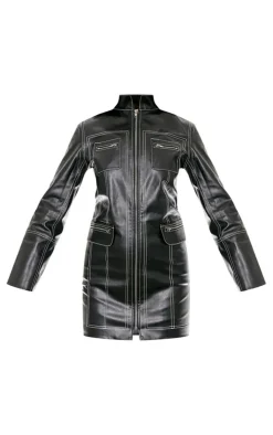 Black Patent Pu Contrast Stitch Zip Up Bodycon Dress