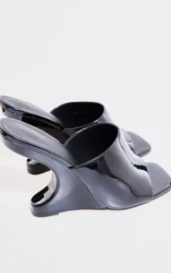 Black Patent Pu Cut Out Heeled Mule Wedges