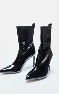 Black Patent PU High Stiletto Heeled Sock Boots