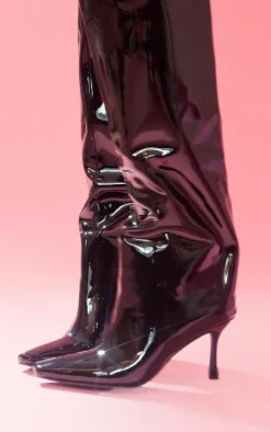 Black Patent PU Point Toe Knee High Heeled Boots