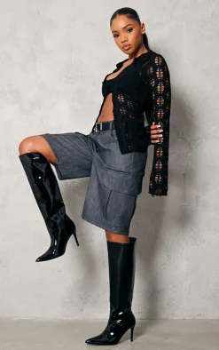 Black Patent Pu Point Toe Stiletto Heeled Knee High Boots