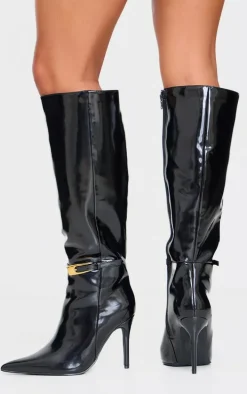 Black Patent PU Wide Fit Point Toe Knee High Stiletto Heeled Boots