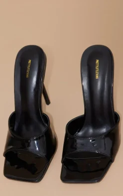 Black Patent Square Toe Mule Style Strap Round Stiletto Heeled Sandals