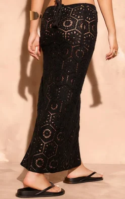 Black Patterned Crochet Knit Maxi Skirt