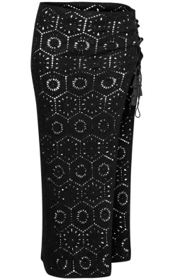 Black Patterned Crochet Knit Maxi Skirt