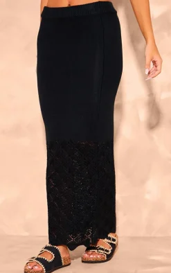 Black Patterned Crochet Knit Low Rise Maxi Skirt