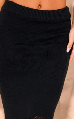 Black Patterned Crochet Knit Low Rise Maxi Skirt