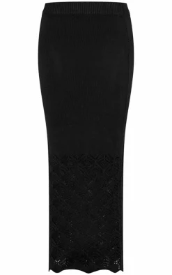 Black Patterned Crochet Knit Low Rise Maxi Skirt