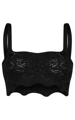 Black Patterned Crochet Knit Square Neck Crop Top