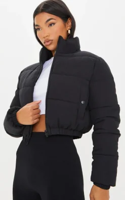 Black Peach Skin Cropped Bubble Puffer Jacket