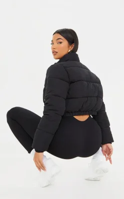 Black Peach Skin Cropped Bubble Puffer Jacket