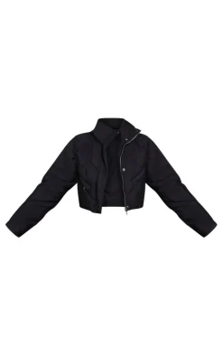 Black Peached Shell Zip Front Oversized Cropped Puffer Jacket