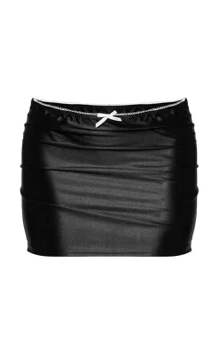 Black Picot Bow Trim Stretch Satin Mini Skirt