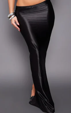 Black Picot Bow Trim Stretch Satin Split Side Maxi Skirt