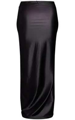 Black Picot Bow Trim Stretch Satin Split Side Maxi Skirt