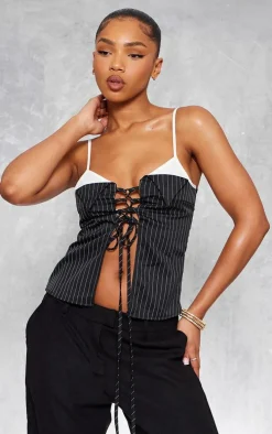 Black Pinstripe Contrast Stap Lace Up Top