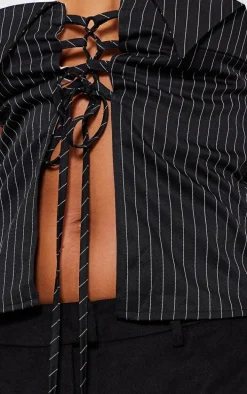 Black Pinstripe Contrast Stap Lace Up Top
