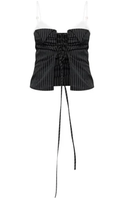 Black Pinstripe Contrast Stap Lace Up Top