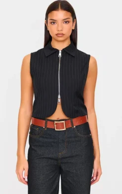 Black Pinstripe Double Zip Sleeveless Shirt