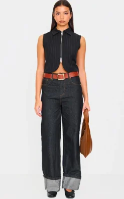 Black Pinstripe Double Zip Sleeveless Shirt