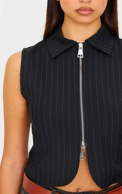 Black Pinstripe Double Zip Sleeveless Shirt