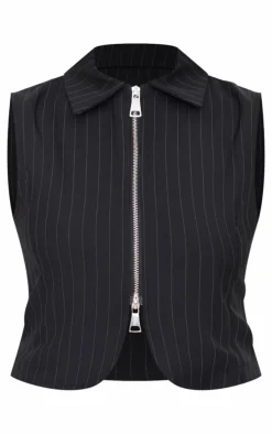 Black Pinstripe Double Zip Sleeveless Shirt
