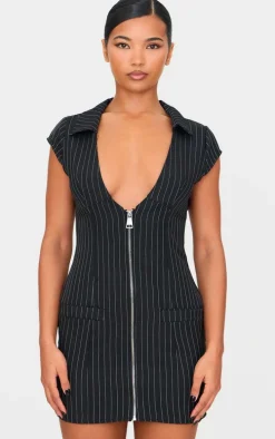 Black Pinstripe Pocket Detail Zip Up Mini Dress