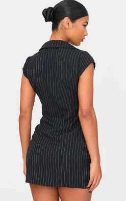 Black Pinstripe Pocket Detail Zip Up Mini Dress