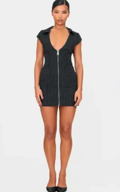 Black Pinstripe Pocket Detail Zip Up Mini Dress