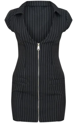 Black Pinstripe Pocket Detail Zip Up Mini Dress