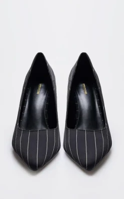 Black Pinstripe Point Toe Court Heels