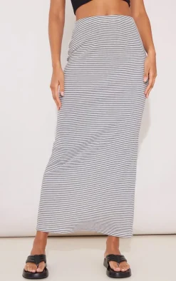 Black Pinstripe Rib Split Back Midaxi Skirt