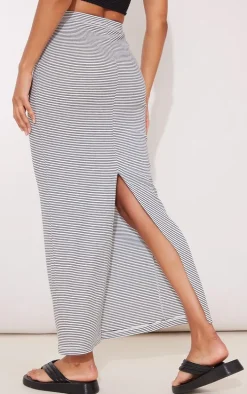 Black Pinstripe Rib Split Back Midaxi Skirt