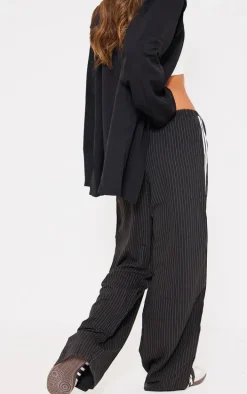 Black Pinstripe Side Stripe Detail Drawstring Low Waist Pants