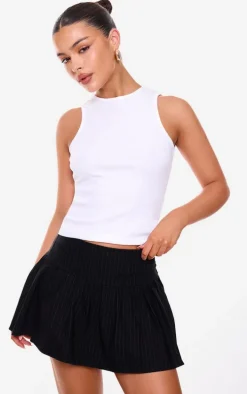 Black Pinstripe Stretch Woven Low Rise Pleated Micro Mini Skirt