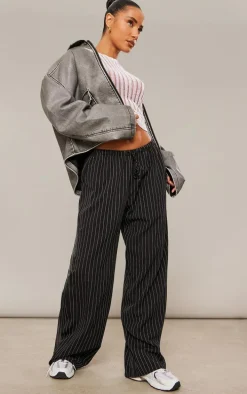 Black Pinstripe Woven Drawstring Waist Low Rise Relaxed Pants