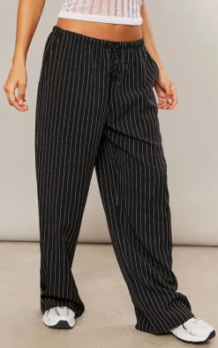 Black Pinstripe Woven Drawstring Waist Low Rise Relaxed Pants