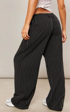Black Pinstripe Woven Drawstring Waist Low Rise Relaxed Pants